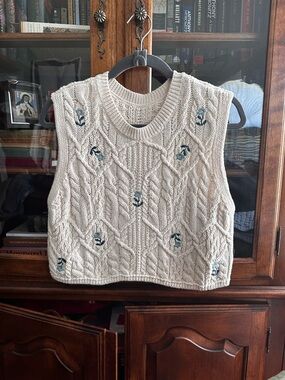 Zara Cream Cable Knit Sweater Vest with Teal Embroidery